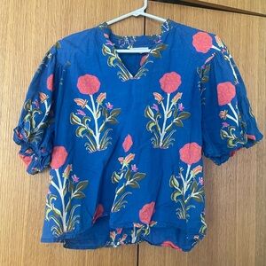 THML Blue Floral Puff-Sleeve Blouse with Pink & Green Print